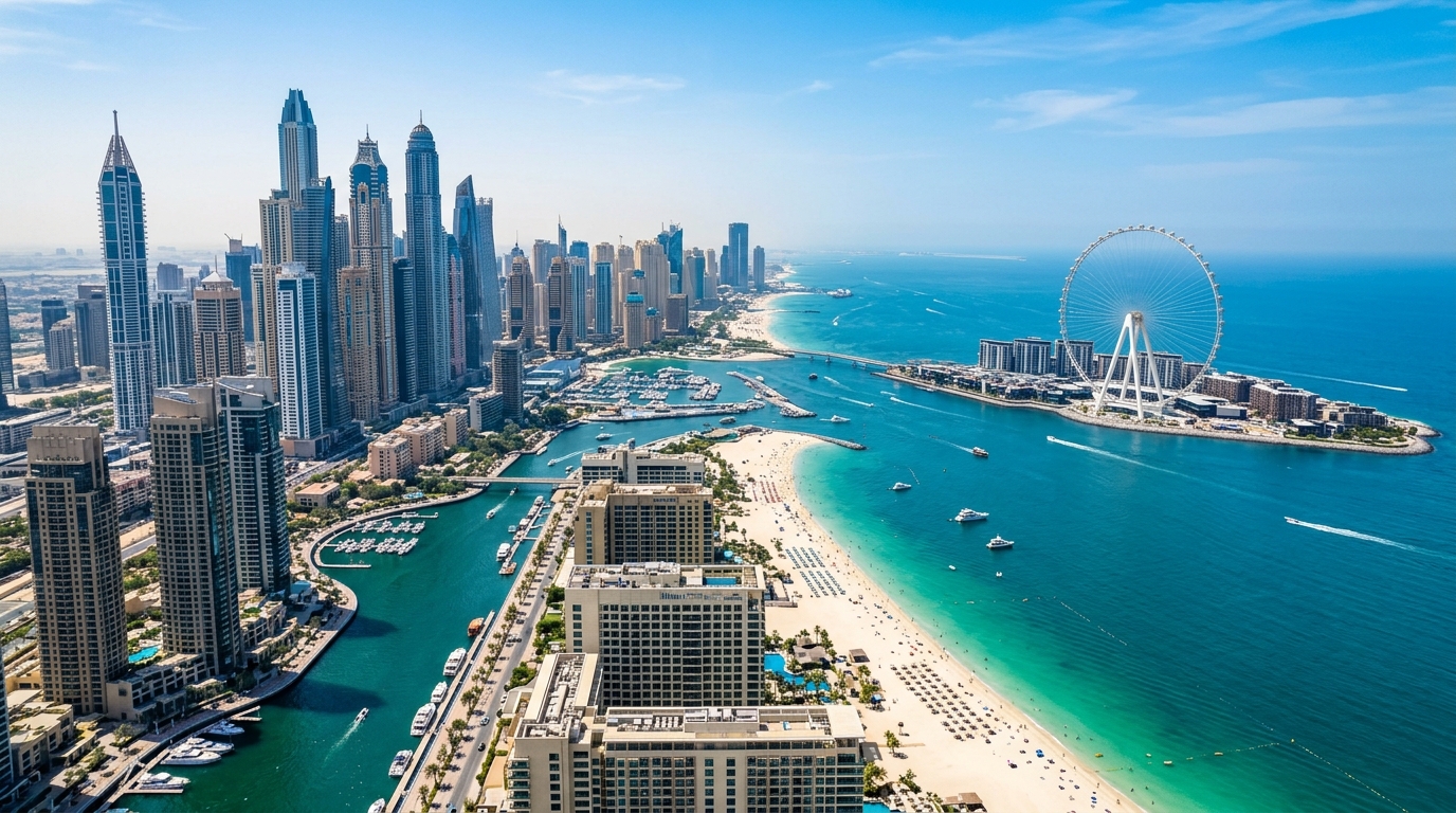 上空から見たドバイマリーナ・JBR・ブルーウォーターズ島の3エリアパノラマ