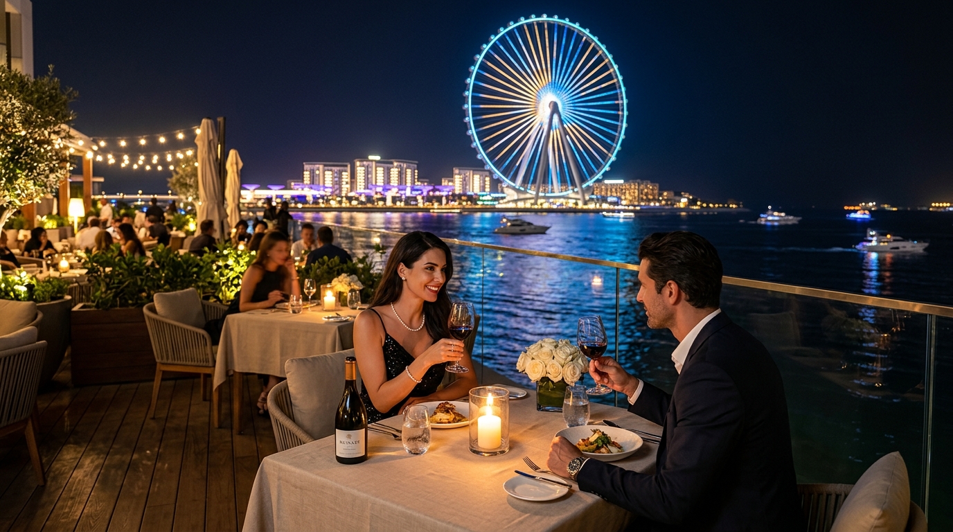 ブルーウォーターズ島のレストランテラスとライトアップされたアインドバイ