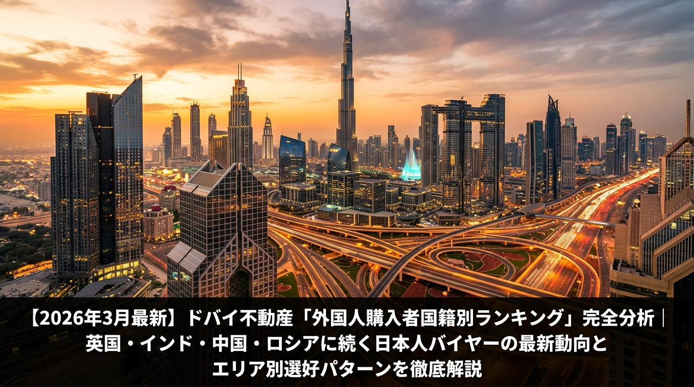 ドバイ・ダウンタウンのブルジュ・ハリファと周辺超高層ビル群の夕暮れ時の空撮。シェイク・ザイード・ロードのライトトレイルとゴールドアワーの光が特徴