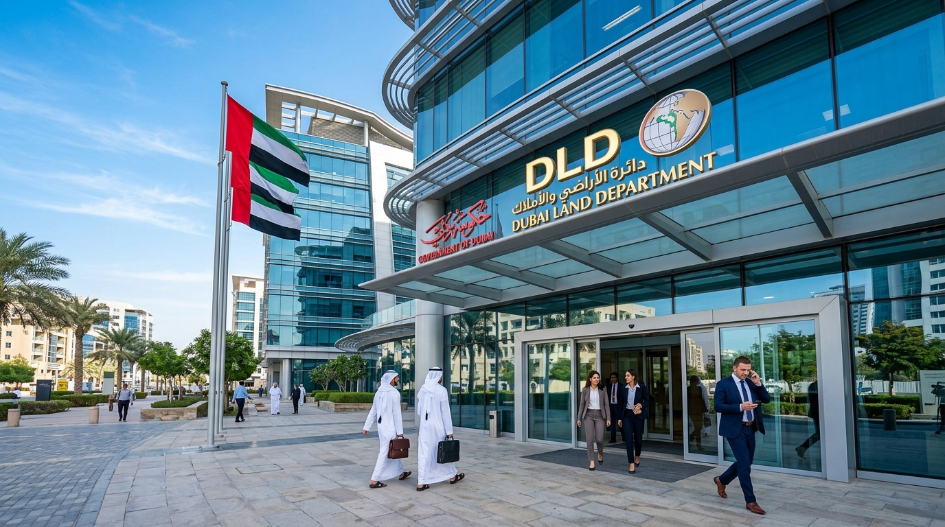 ドバイ土地局（DLD）の近代的な政府庁舎の入口。ガラスファサードと青い空が映える。ビジネス関係者が出入りする様子