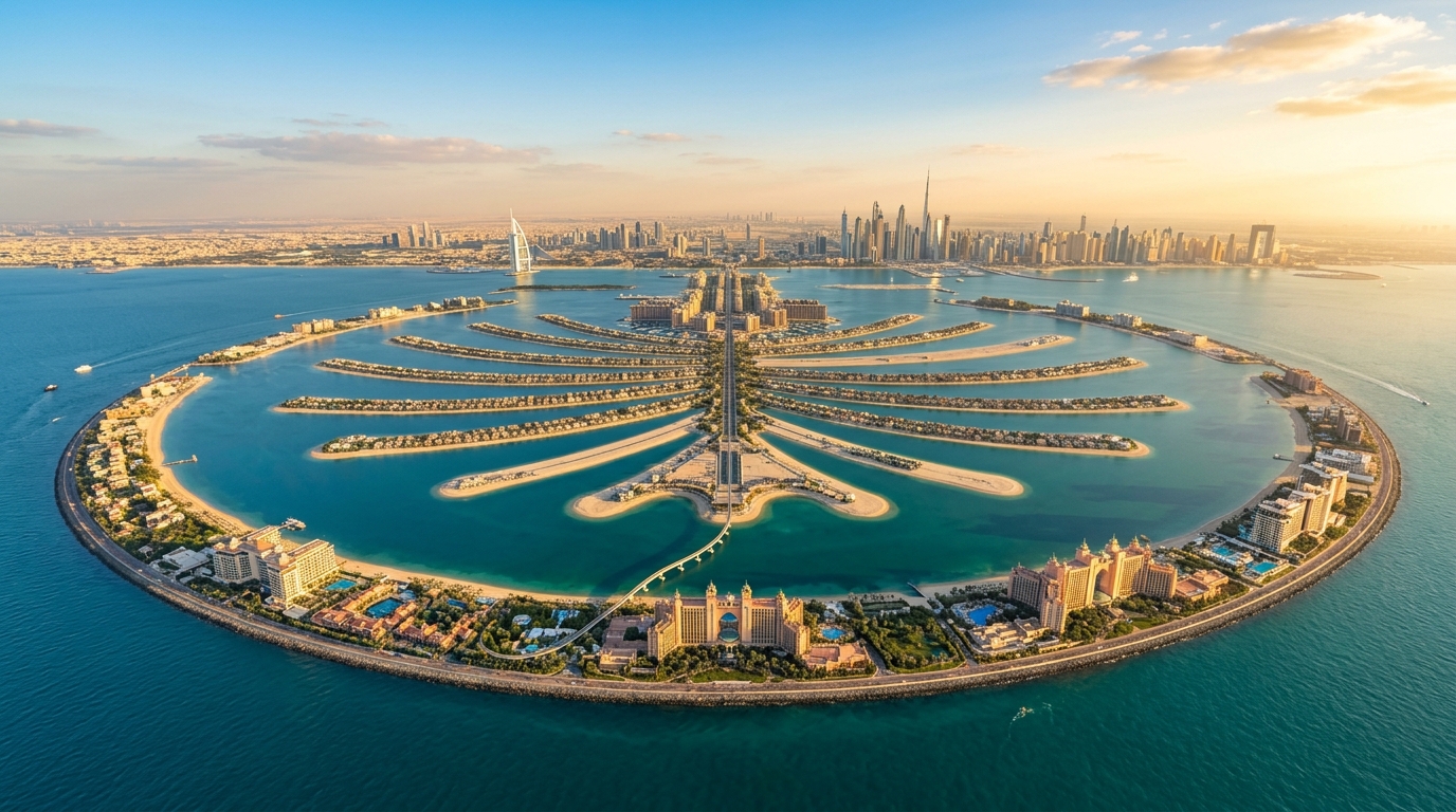 パーム・ジュメイラの人工島を上空から見下ろした空撮。ヤシの木型の島に立ち並ぶ高級ヴィラとリゾートホテル、エメラルド色の湾