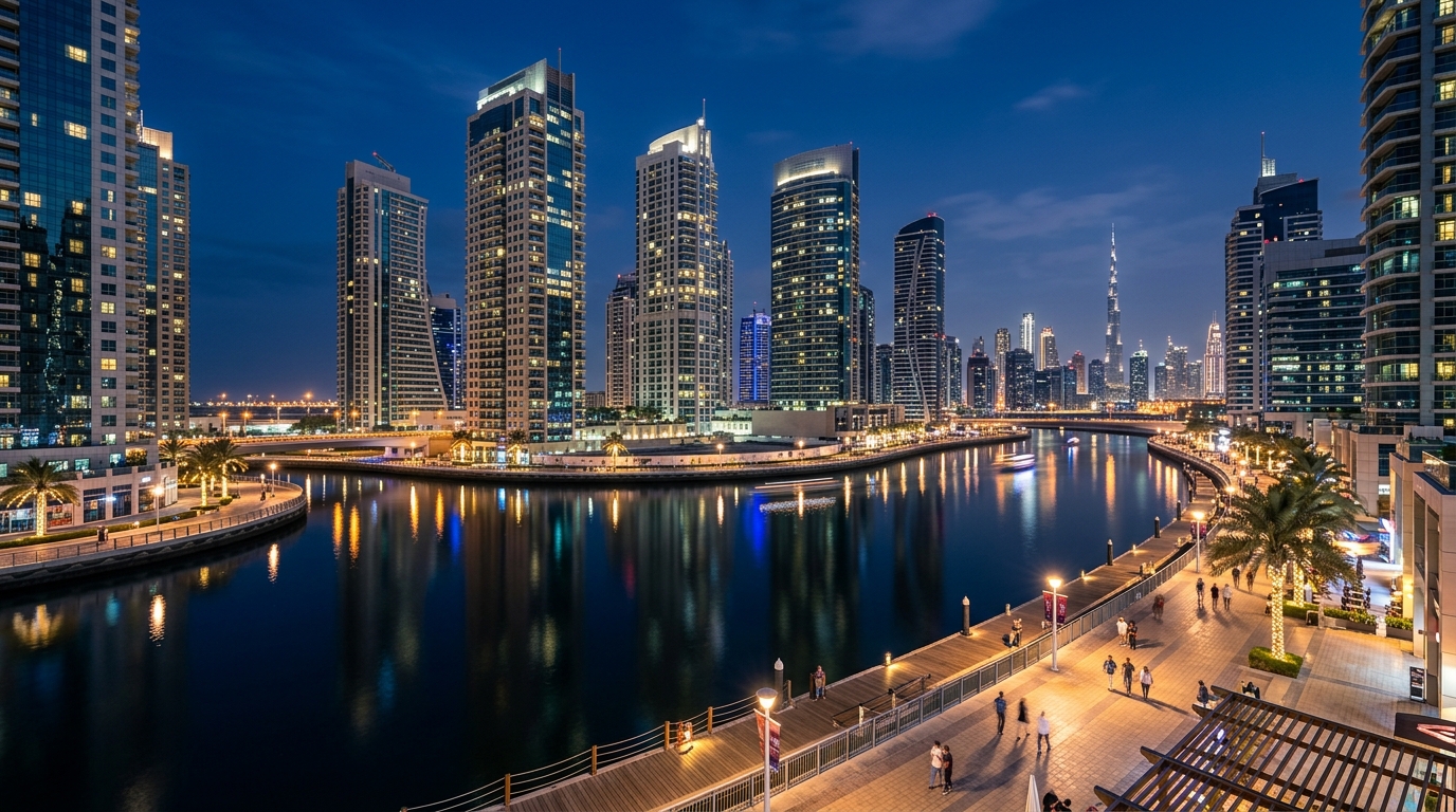 ビジネスベイ運河沿いの夜景。高層タワーの光が水に映り、ライトアップされたプロムナードとドバイスカイラインが見える
