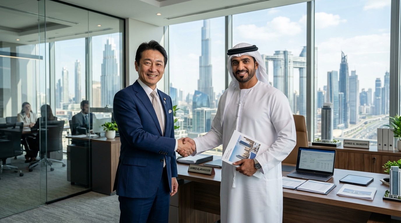 ドバイのモダンオフィスで日本人ビジネスマンとアラブ人不動産エージェントが握手。背後には床から天井までの窓からドバイのスカイラインが見える