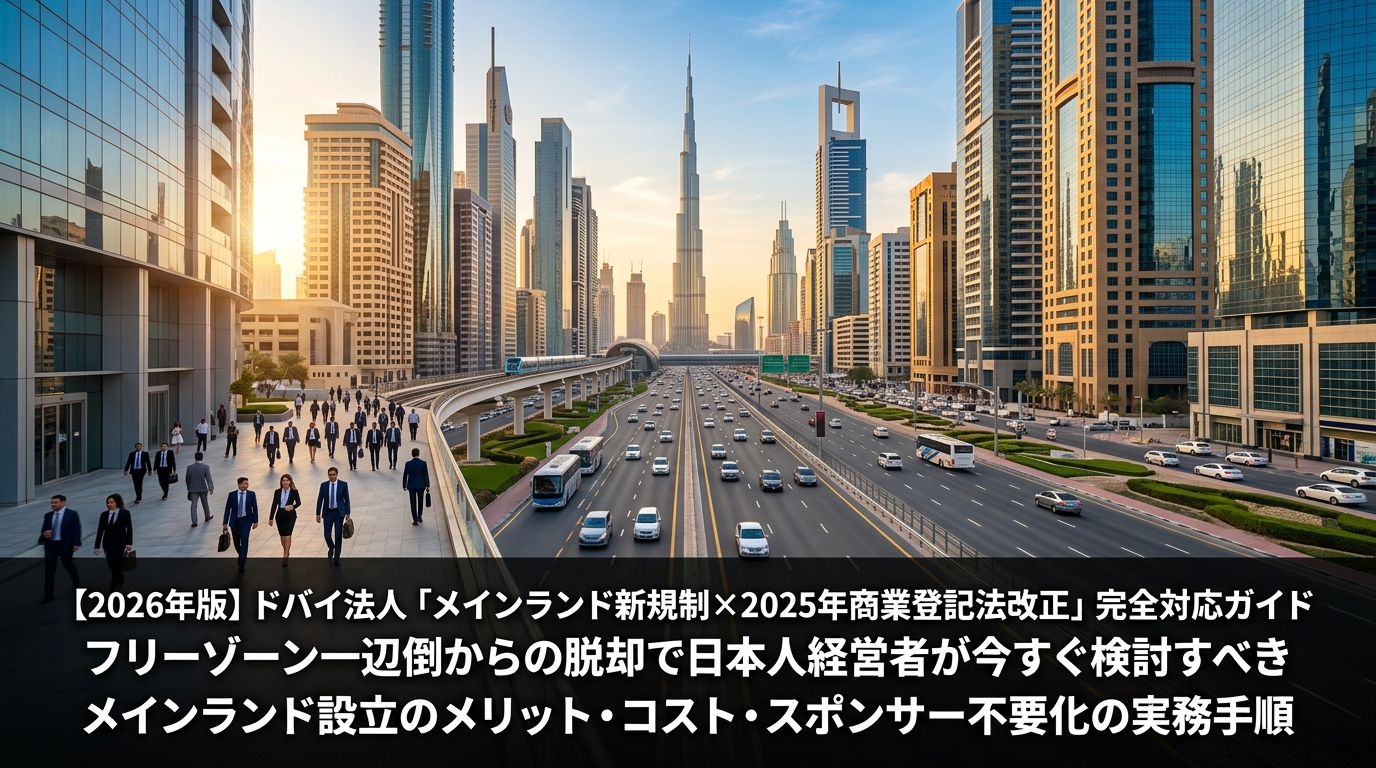 【2026年版】ドバイ法人「メインランド新規制×2025年商業登記法改正」完全対応ガイド｜フリーゾーン一辺倒からの脱却で日本人経営者が今すぐ検討すべきメインランド設立のメリット・コスト・スポンサー不要化の実務手順