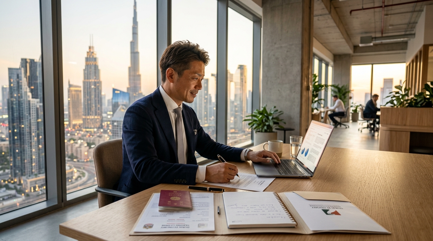 コワーキングスペースで書類を確認する日本人ビジネスマン