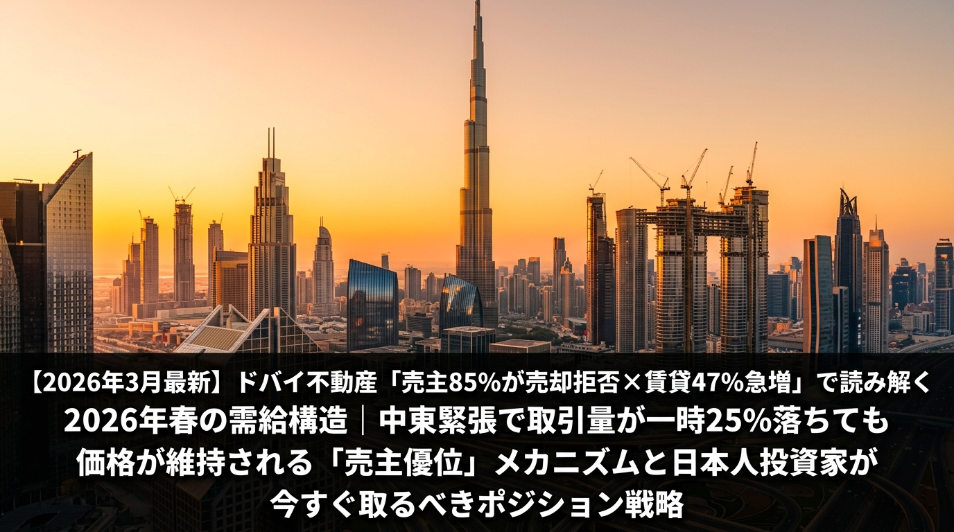 ドバイ・ダウンタウンのブルジュ・ハリファとビジネスベイ周辺の高層タワー群を望む朝日のゴールデンアワー空撮、建設クレーンが見える