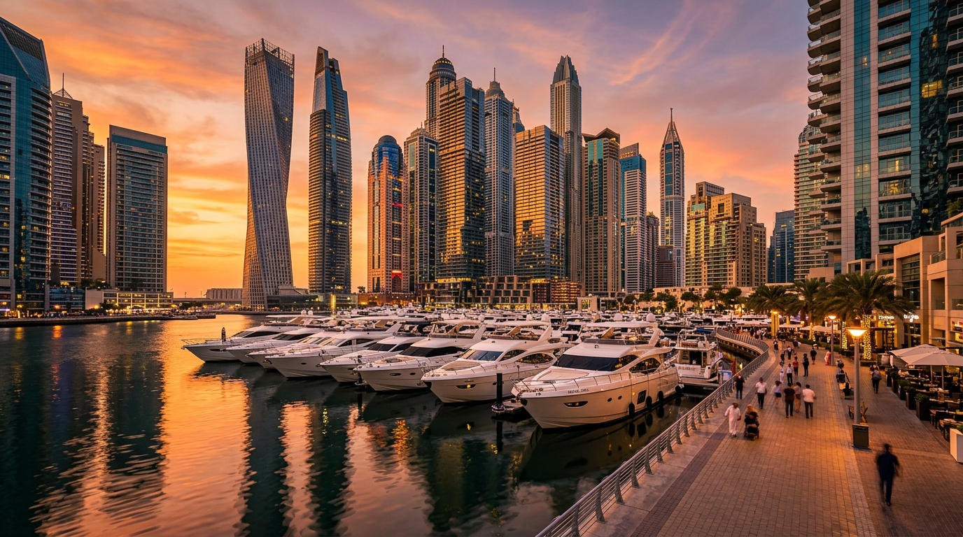 ドバイ・マリーナの超高層レジデンス群と豪華ヨットが並ぶ夕暮れのウォーターフロント風景
