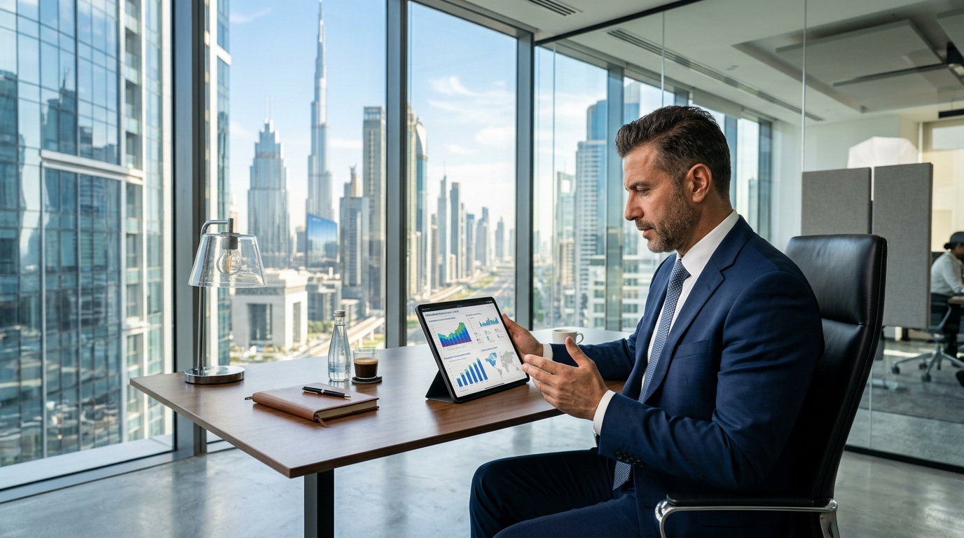 ドバイDIFCのモダンなオフィスで不動産データを確認するスーツ姿の投資家、窓越しにスカイライン