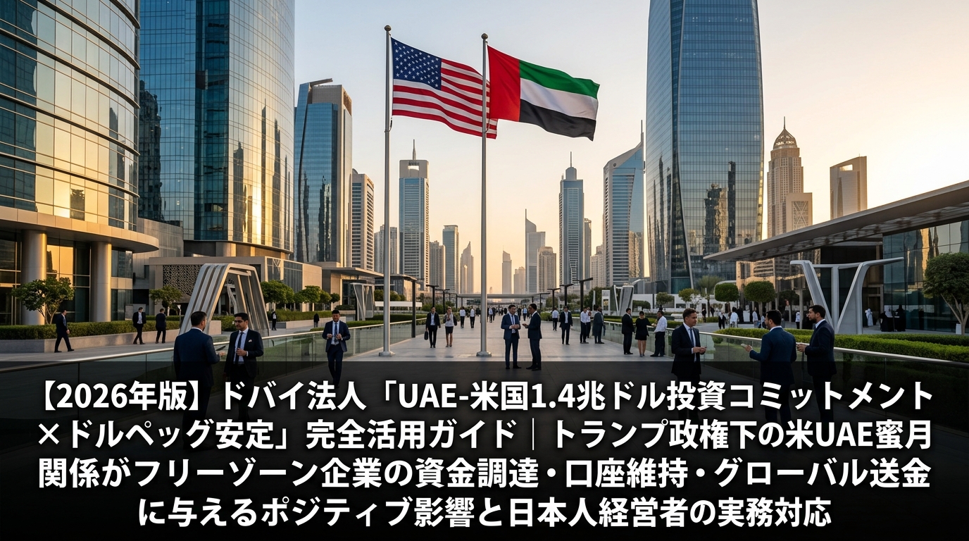 ドバイ国際金融センター（DIFC）のガラス張り高層ビル群とアメリカ・UAE両国旗、ビジネスマンたち
