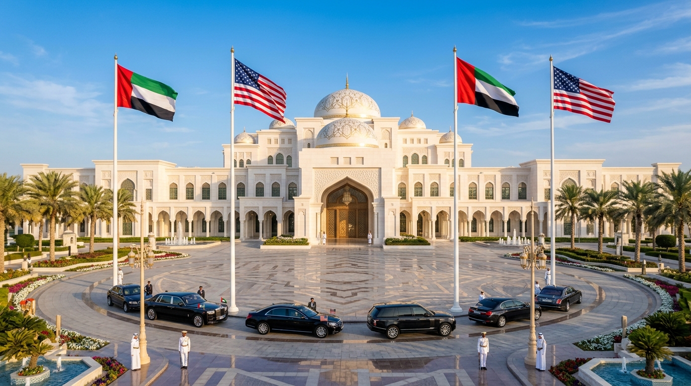 アブダビ大統領官邸カスル・アル・ワタンの白亜の外観とUAE・米国両国旗、外交車両