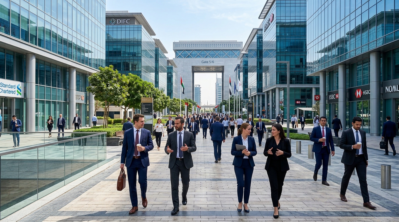 DIFCゲートビレッジの歩行者通路とビジネスマンたち