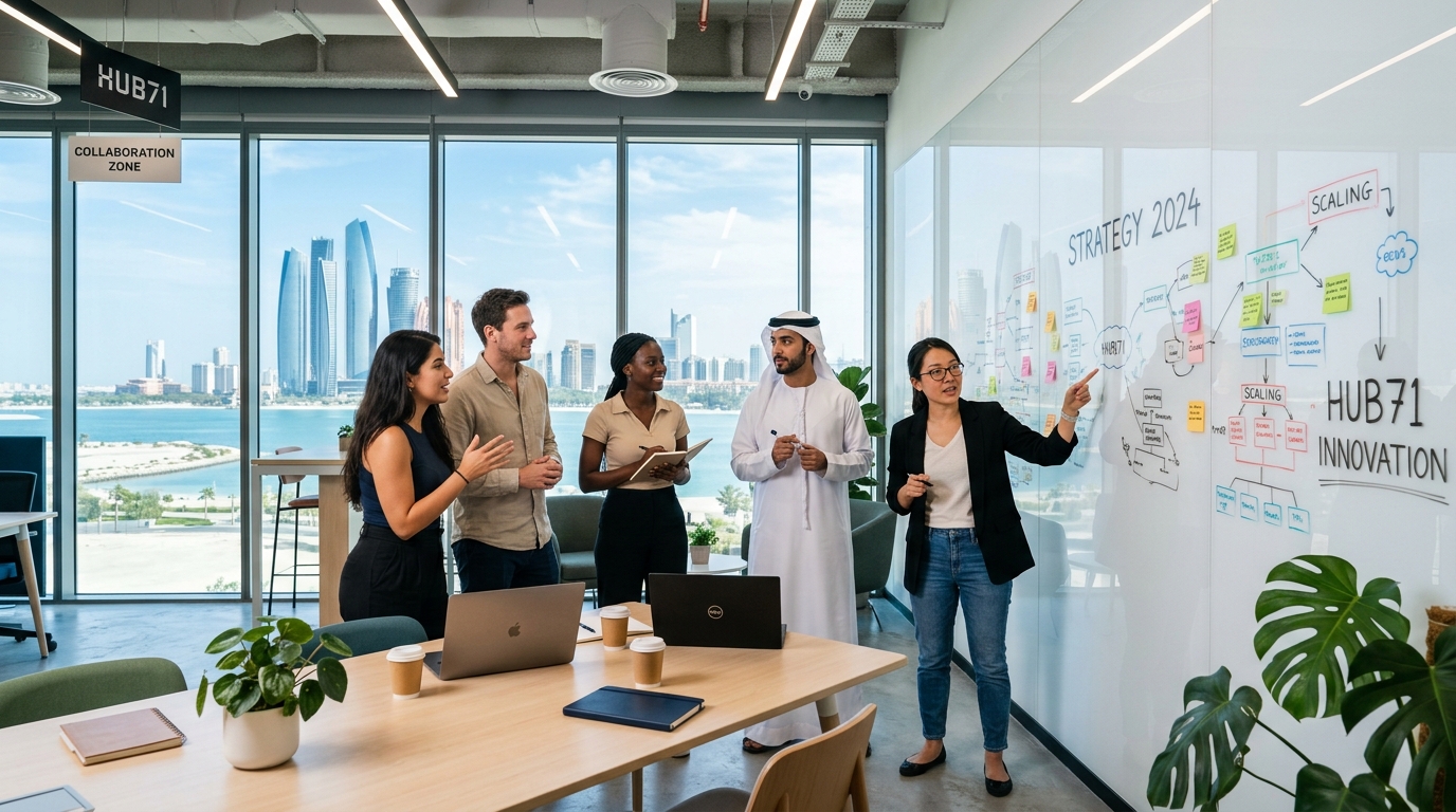 アブダビHub71コワーキングスペースで協働する多国籍スタートアップチーム