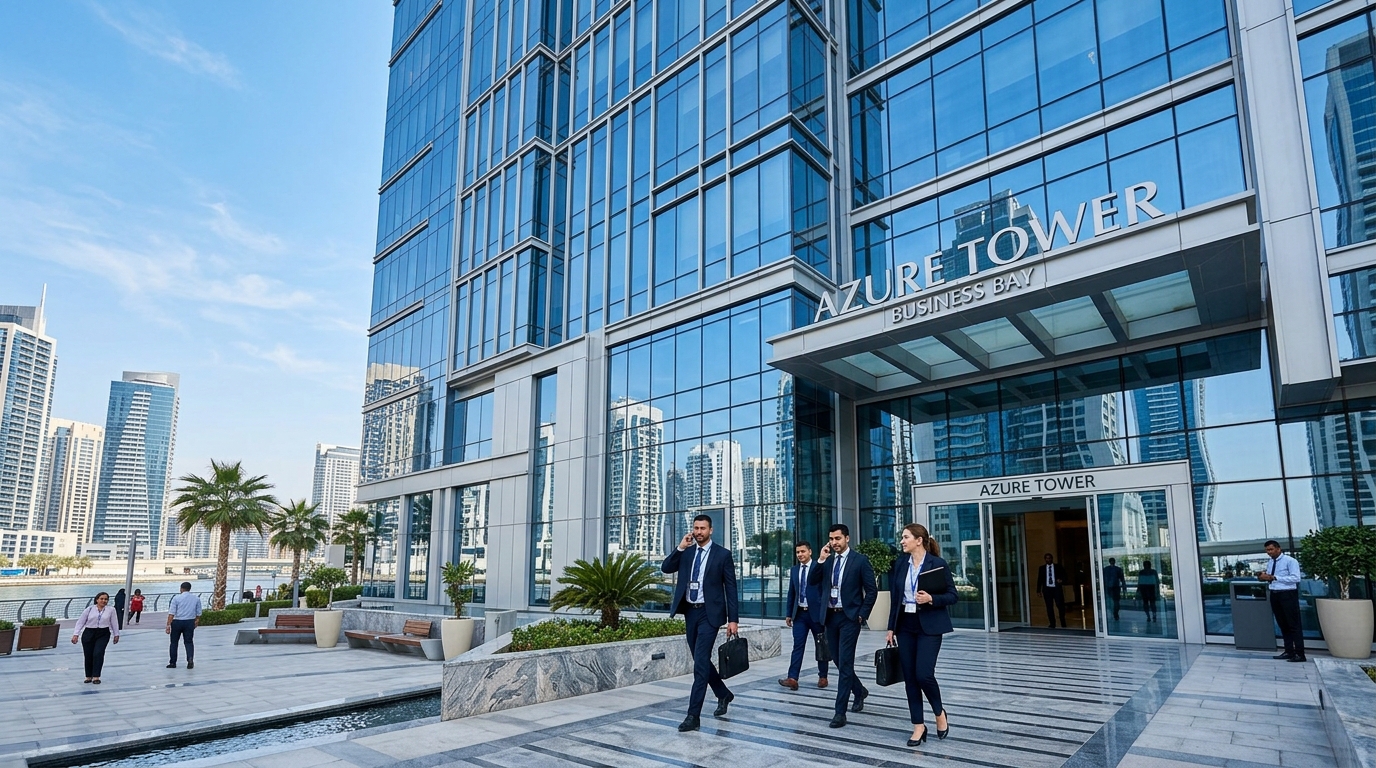 ドバイランド局が入るビジネスベイの近代的なオフィスビル外観とビジネスパーソン