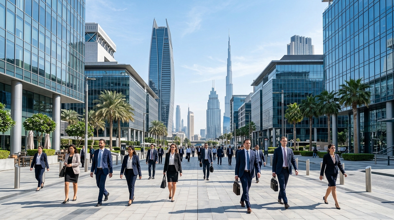 ドバイDIFCの近代的なガラス張りオフィスビル群。スーツ姿のビジネスパーソンが行き交う広々とした歩道。背景にブルジュ・ハリファが見える。