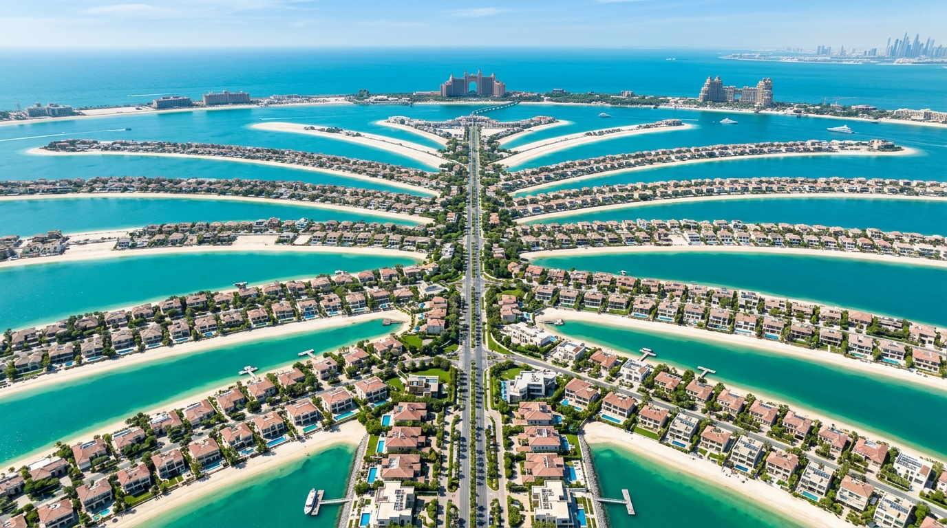 パーム・ジュメイラの豪華なウォーターフロントヴィラ群の航空写真、ターコイズブルーの海とプライベートビーチ