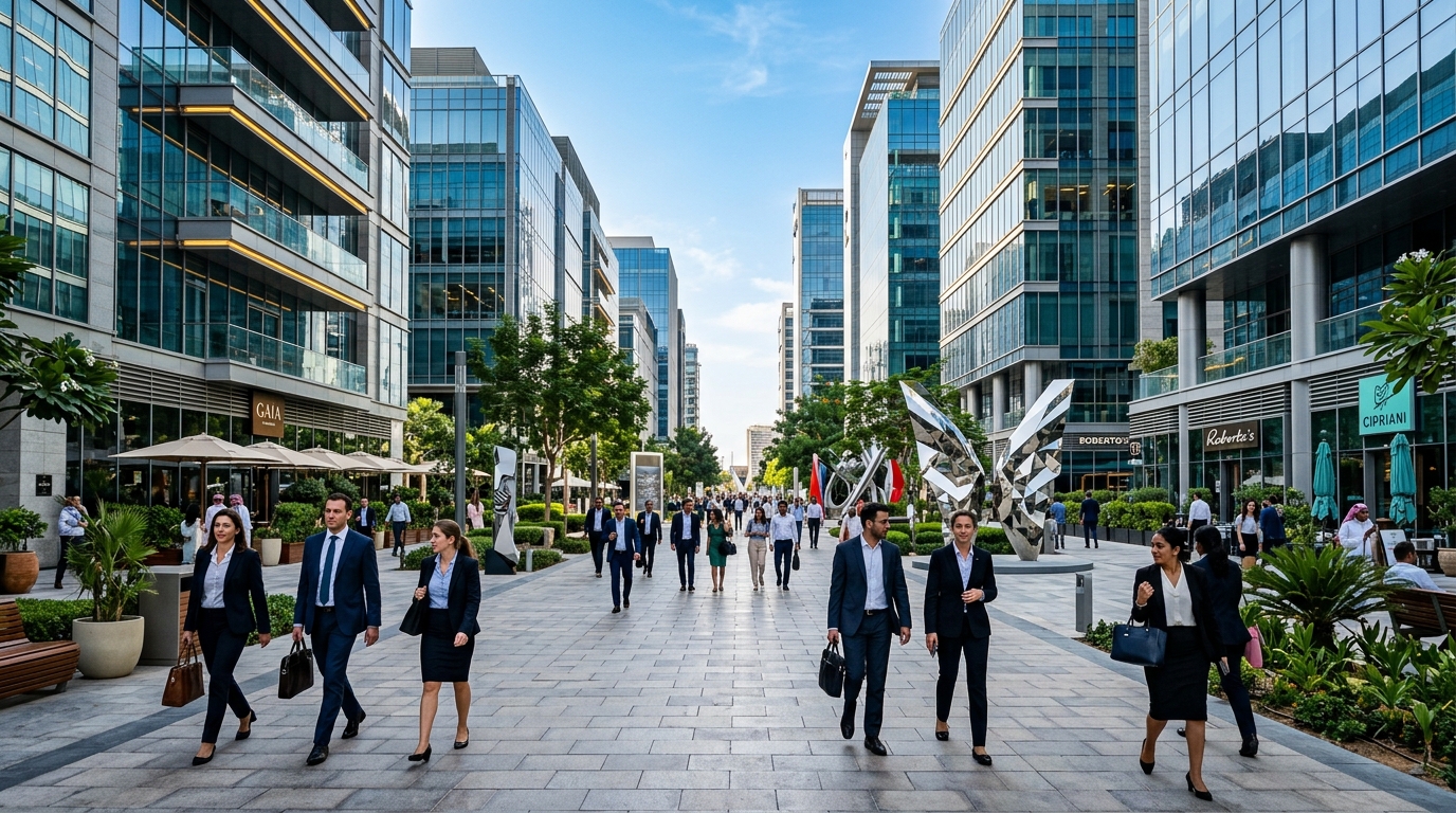 DIFCゲートビレッジのモダンな歩行者通路を歩くビジネスパーソンたちとガラス張りの高層ビル群