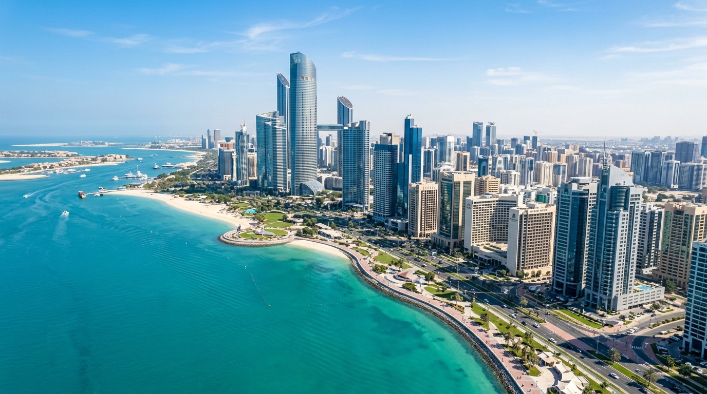 アブダビ・コルニッシュ沿いのペルシャ湾。青い海と近代的な超高層ビル群が並ぶ海岸線を空撮。