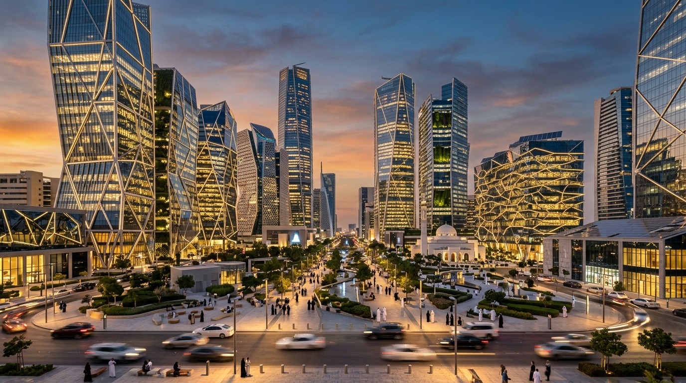 リヤドのキング・アブドゥッラー・ファイナンシャル・ディストリクト（KAFD）の近代的な超高層ビル群が薄暮時に輝く。砂漠の空を背景に。