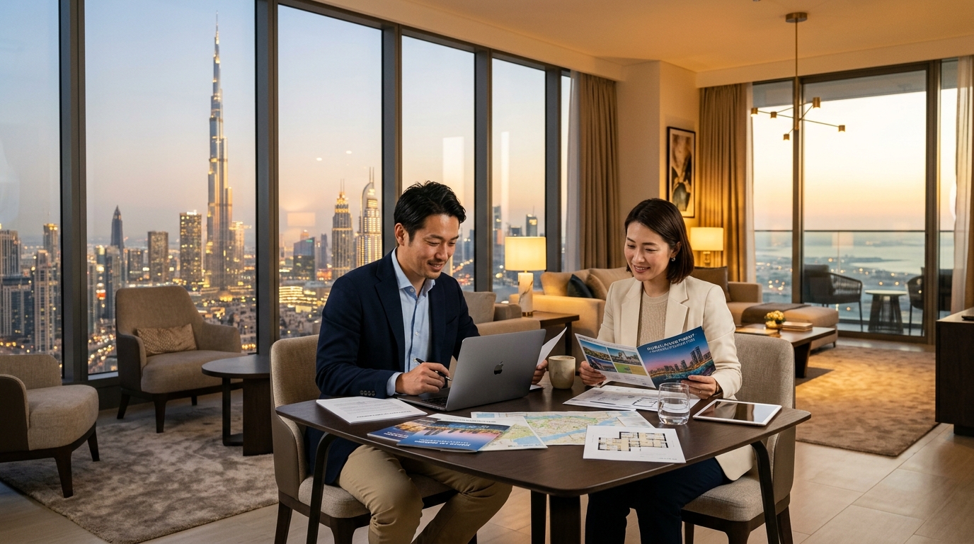 ドバイのスカイラインが見える部屋で不動産資料を確認する日本人カップル