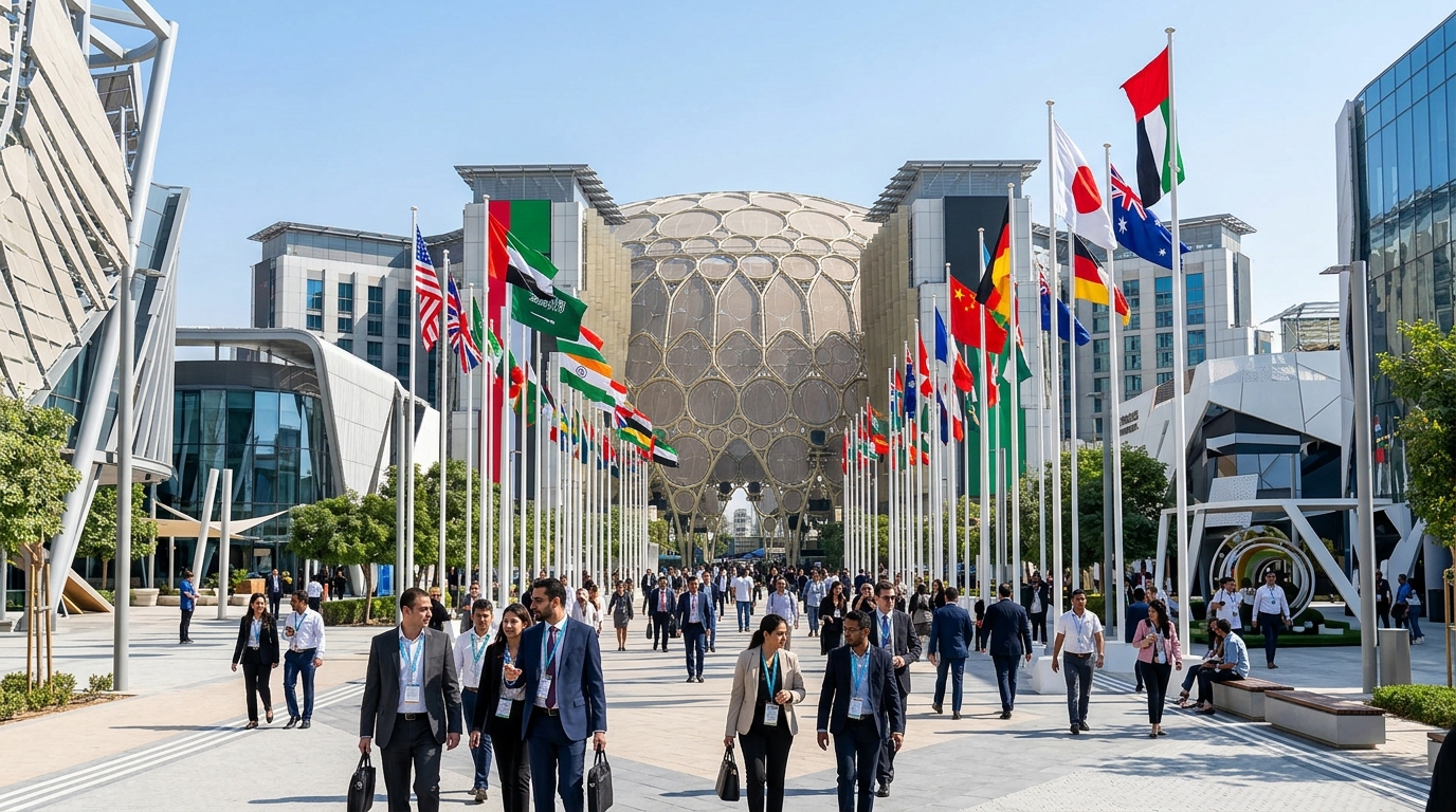 ドバイExpo Cityの近代的なパビリオン群。各国の国旗がはためき、国際的な雰囲気。ビジネスパーソンや来場者が歩く。