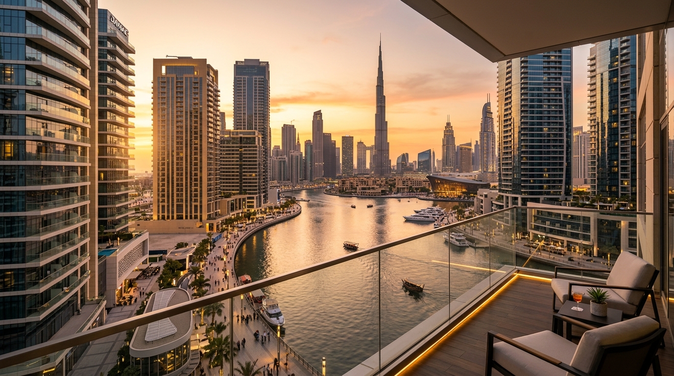 ドバイのBusiness Bayエリアの高層レジデンスタワー群。ドバイ運河と夕暮れの光が水面に反射。背景にダウンタウンのスカイライン。