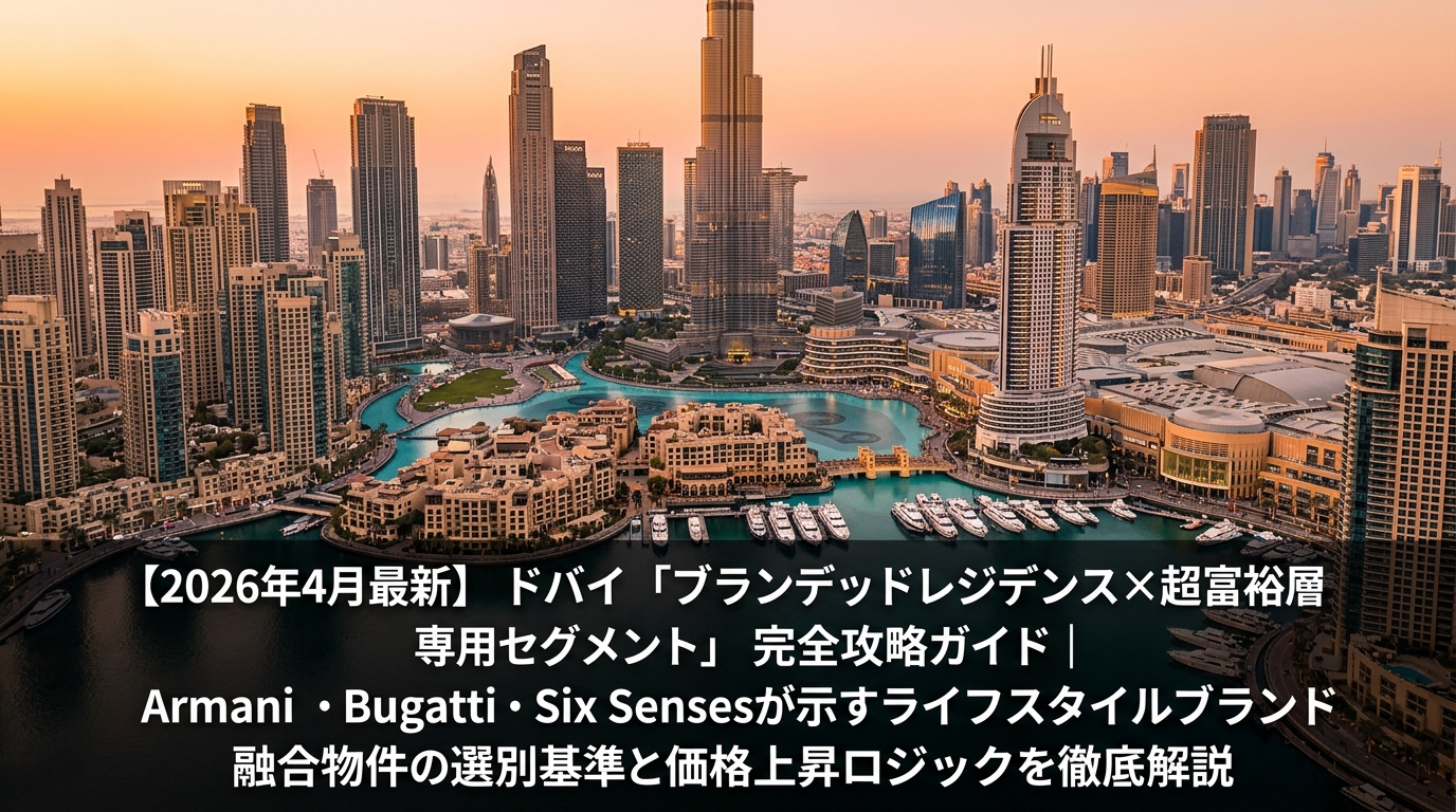 ドバイのDowntown Dubaiを黄金時間に空撮したスカイラインとBurj Khalifa周辺のブランデッドレジデンスタワー群、夕暮れ時の温かい光が反射する景色