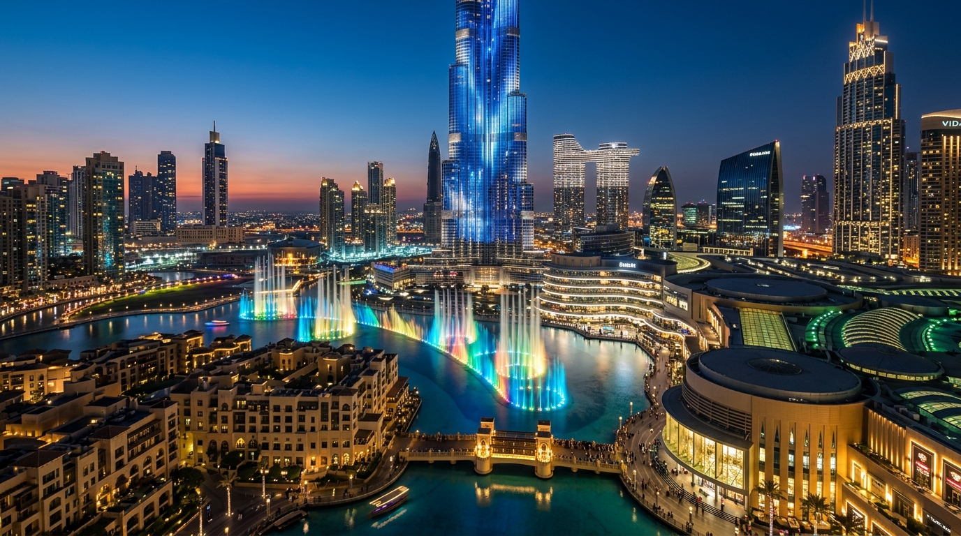 Downtown Dubaiの夜景、Burj Khalifaが光に輝き、ドバイ・ファウンテンのショーが前景に、高級レジデンスタワーのライトが水面に反射する