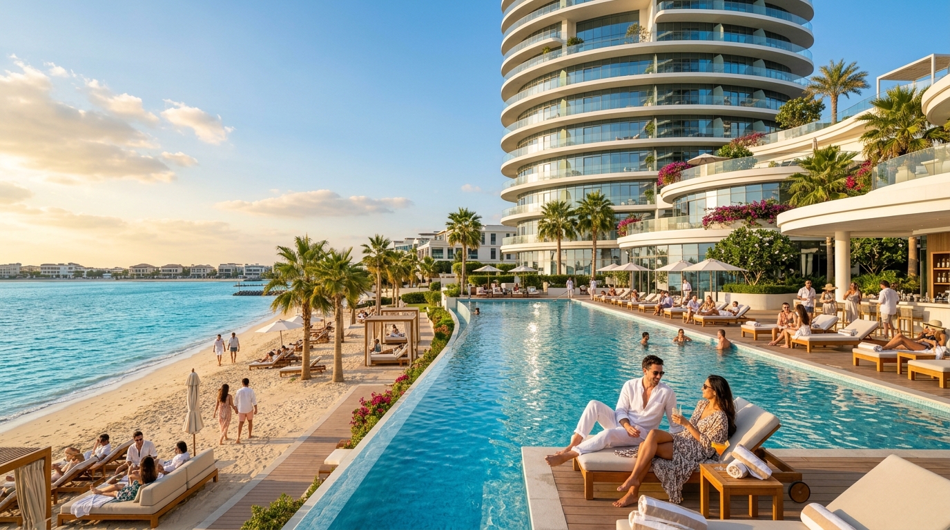 Palm Jumeirahのビーチフロントに建つホテルブランドの高級レジデンスタワー、青い海、インフィニティプール、昼間の太陽の下でリラックスする人々