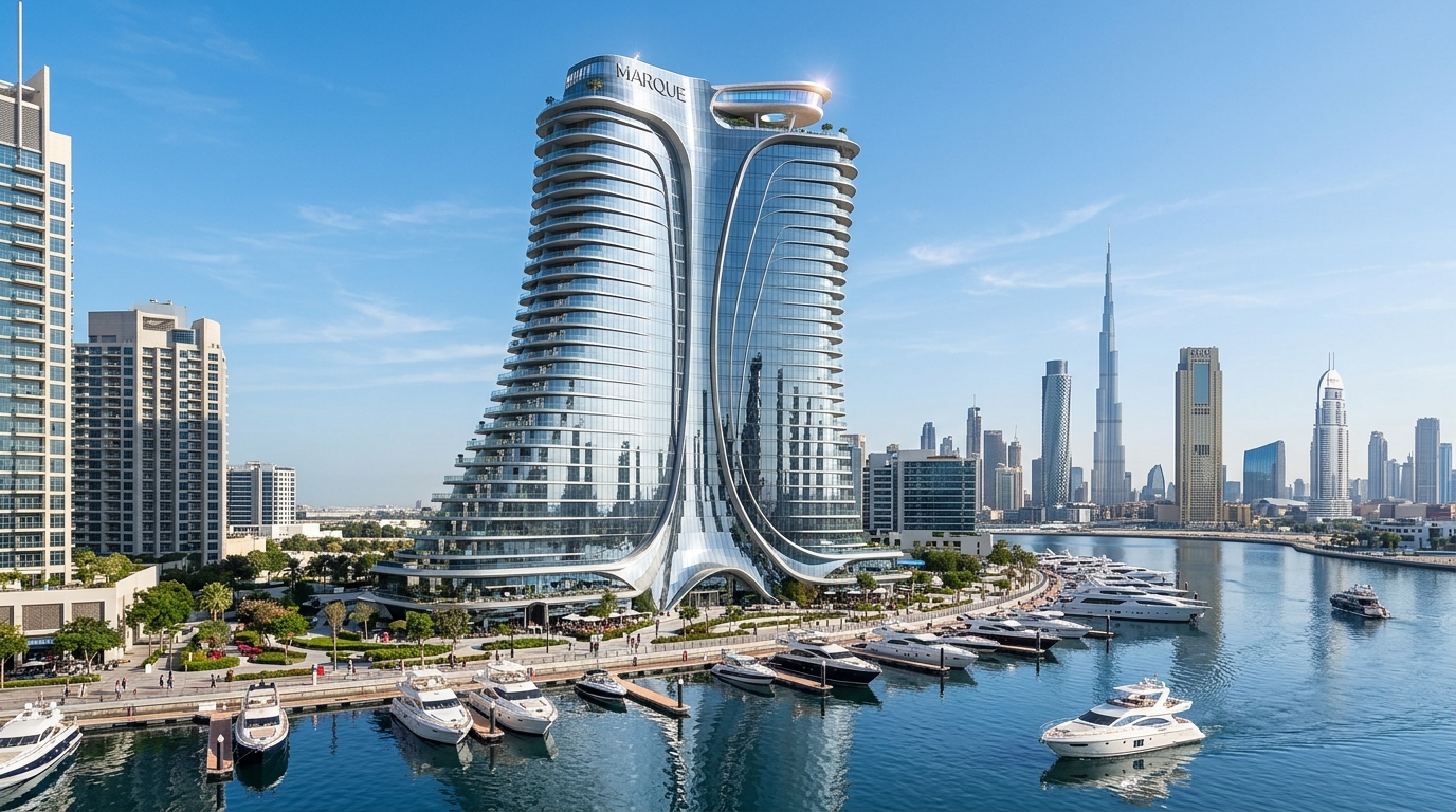 Business Bayエリアの流線形デザインが特徴的な高層ブランデッドレジデンスタワー、ウォーターフロント、係留されたヨット