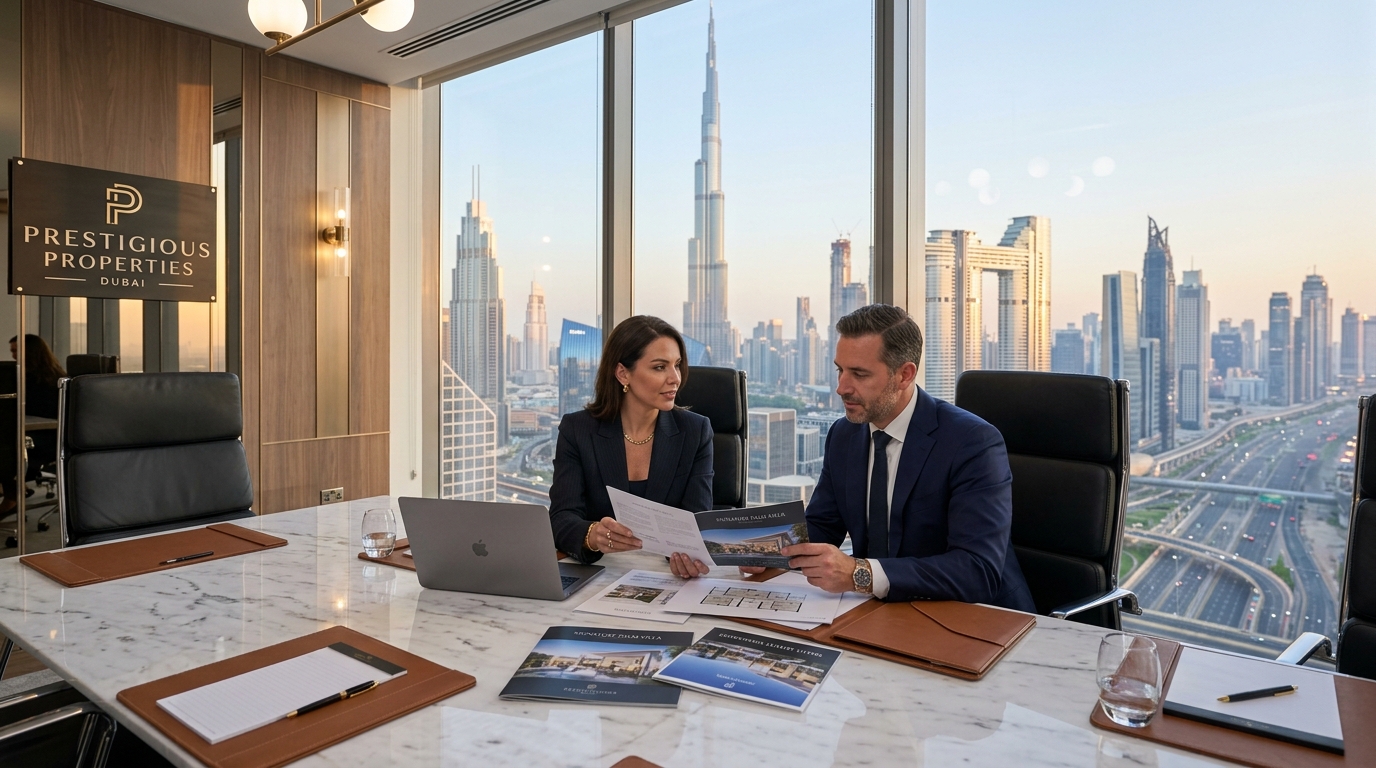 ドバイのスカイラインが見える高級不動産オフィスの優雅な会議室で、物件資料を確認するビジネスパーソン