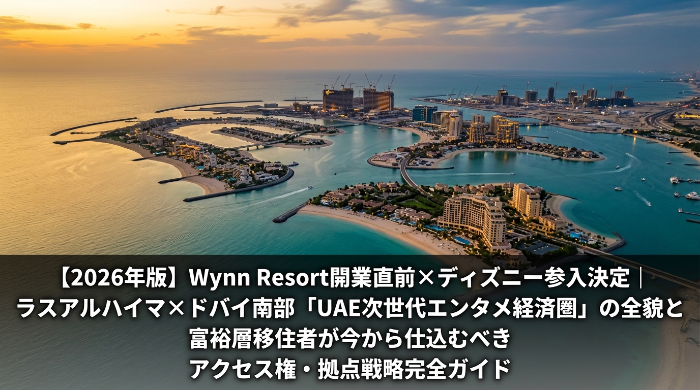 ラスアルハイマ・アルマルジャン島の夕暮れ時の航空写真、ターコイズブルーのペルシャ湾に浮かぶ人工島、背景にWynn Resort建設現場のクレーン