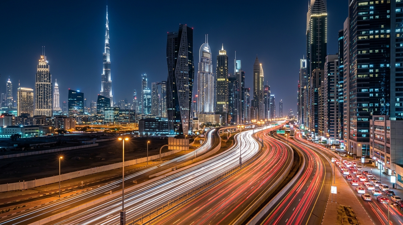 シェイク・ザイード・ロードの夜間の交通流と高層オフィスビルの光、都市的なエネルギーを感じさせる夜景