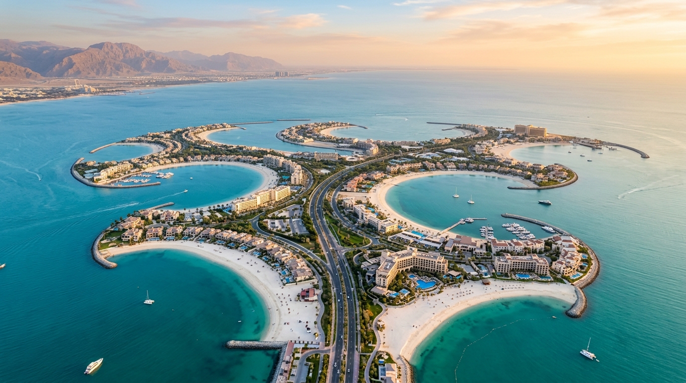 ラスアルハイマ・アルマルジャン島の人工島群を上空から撮影した航空写真、ターコイズブルーの海と白い砂浜のコントラスト