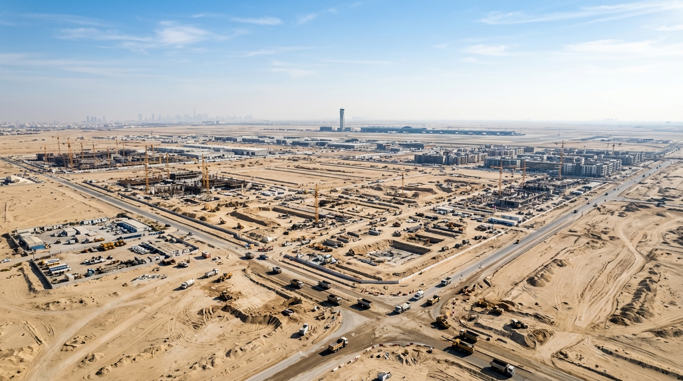 ドバイ南部の大規模建設現場、多数のクレーンと工事車両が砂漠を改造、背景にAl Maktoum空港の管制塔