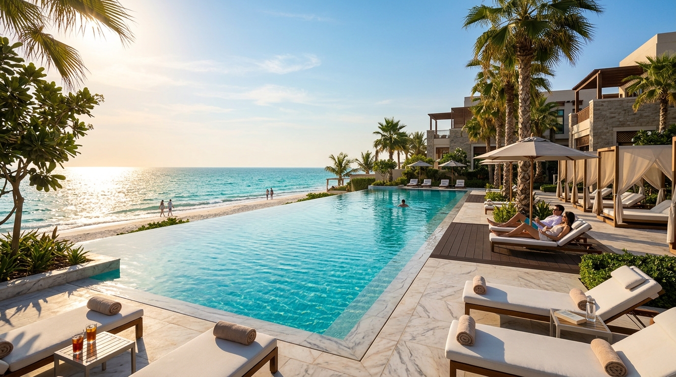 ラスアルハイマの5つ星ラグジュアリーリゾートのインフィニティプール、白いカバナとペルシャ湾の眺望、リゾート雰囲気