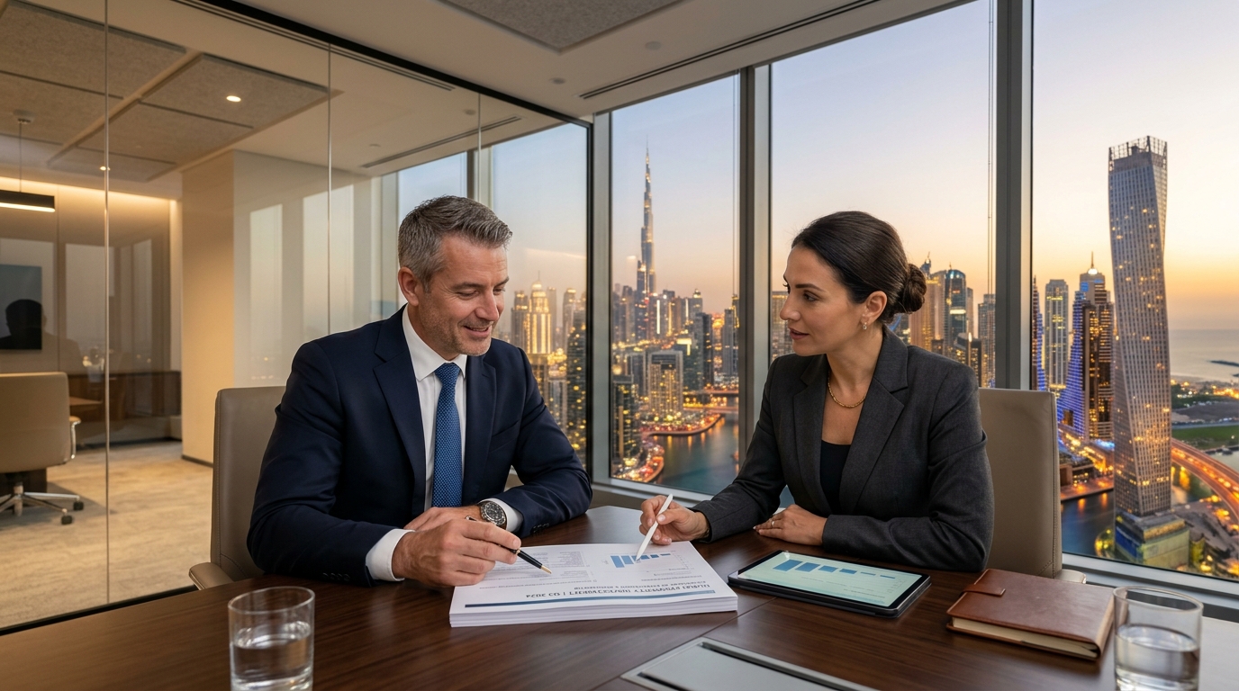 モダンなハイライズオフィスで不動産投資資料を確認するビジネスパーソン、大きな窓からドバイのスカイラインが見える