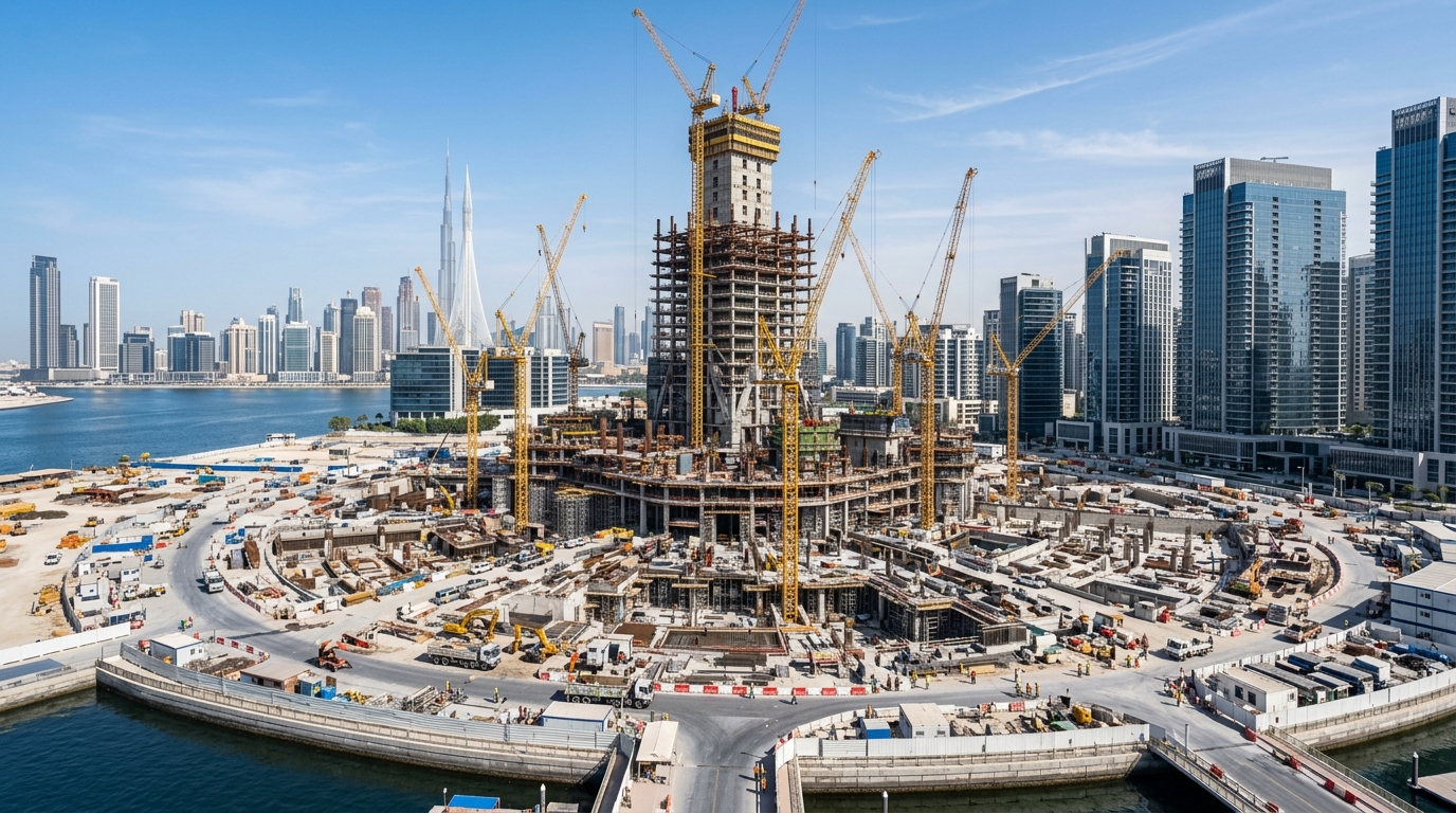 ドバイクリークタワー建設現場、稼働するクレーンと周辺の近代的なビル群、青空の下の都市開発の風景