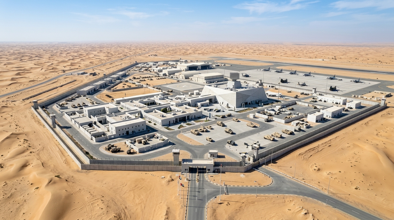 アブダビ砂漠に建つ近代的な防衛関連施設、白い現代建築と周辺に配置された軍用車両、青空が広がる光景