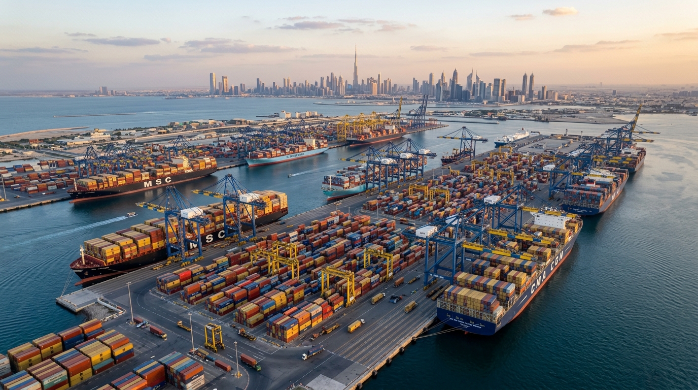 ジュベルアリ港の大規模コンテナ船とクレーンが稼働する港湾風景、カラフルなコンテナが積み上げられた光景、背景にドバイのスカイライン