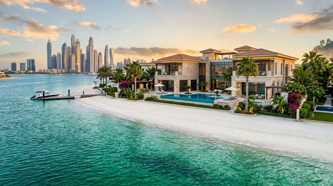 パームジュメイラの超高級ヴィラを海側から撮影した風景、エメラルドグリーンの海とプライベートビーチ、背景にドバイマリーナのスカイライン