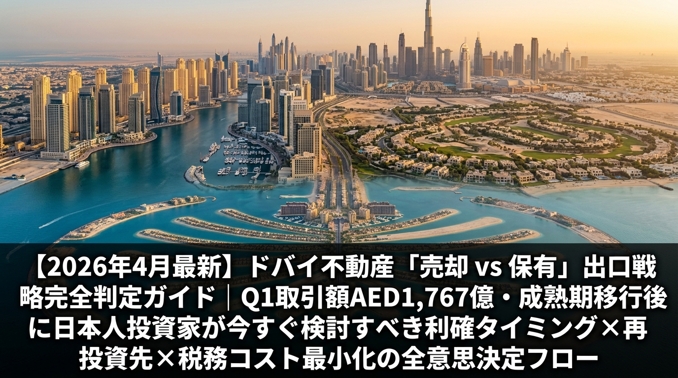 ドバイの多様な投資地区（パームジュメイラ、マリーナ、アラビアン・ランチェス、ダウンタウン）が層状に見える俯瞰的な光景。ゴールデンアワーの温かい光に包まれ、出口戦略に関する記事タイトルが画像下部に白文字で表示されている