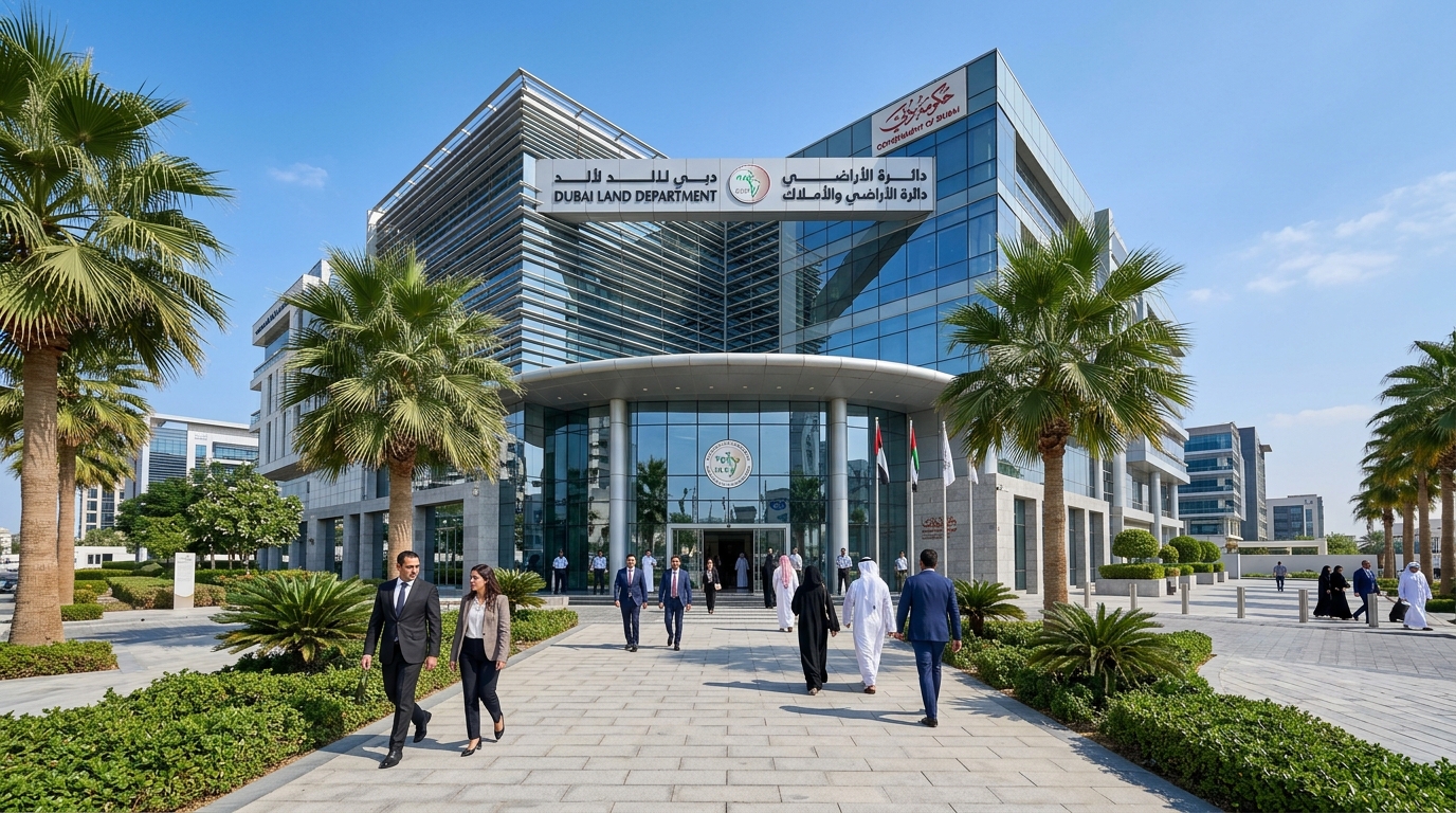 ドバイランドデパートメント（DLD）の近代的なガラス張りのオフィスビル外観。プロフェッショナルなビジネスパーソンが入口に向かって歩いている