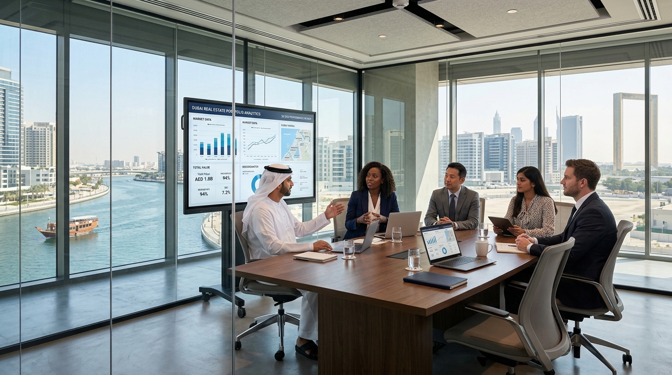 ドバイ・ビジネスベイのハイクラスオフィス内部。多国籍チームが大型モニターで不動産ポートフォリオデータを検討している。ドバイ・キャナルが床から天井までの窓から見える