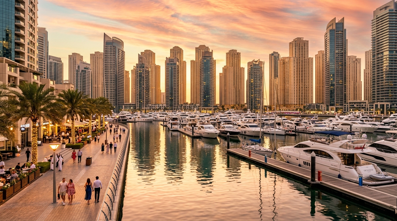 ドバイマリーナの高級タワーマンション群。係留されたヨット、夕焼けの光が水面に反射し、ヤシ並木のウォークウェイには人々が歩いている