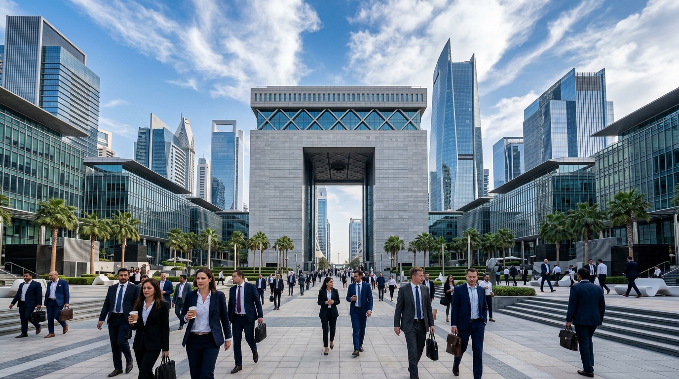 ドバイDIFC（国際金融センター）の未来的な建築群。広いプラザに大勢のビジネスパーソンが歩いており、ゲートビルが見える