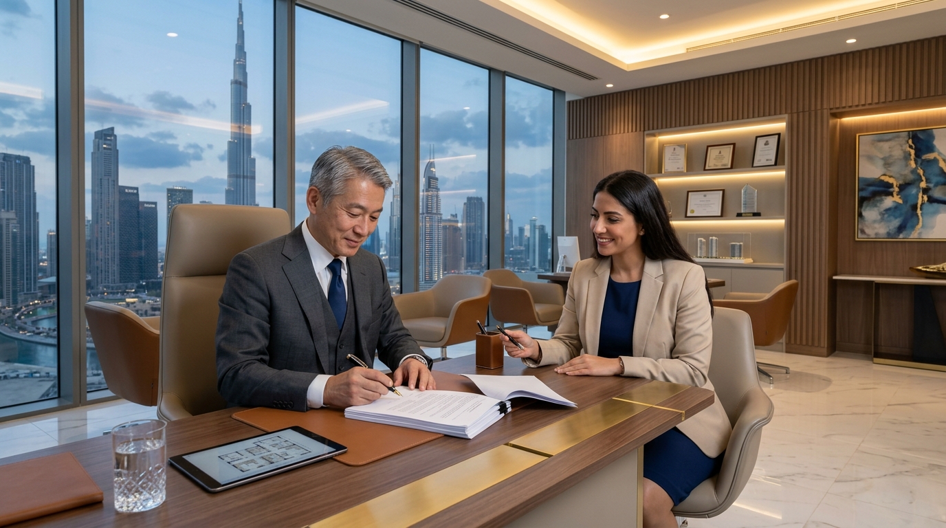 ドバイの高級不動産エージェンシーのオフィス内部。日本人男性がデスクで書類にサインしており、大きな窓からドバイスカイラインが見える