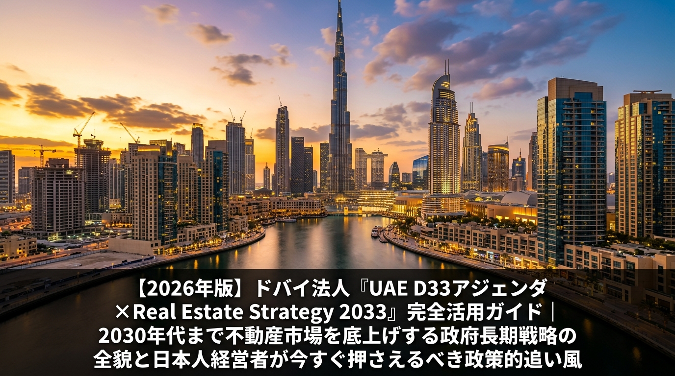 夕暮れ時のドバイ・ダウンタウンのスカイライン、ブルジュ・ハリファと周辺の超高層ビル群、ドバイ・カナルに映る夕焼け光