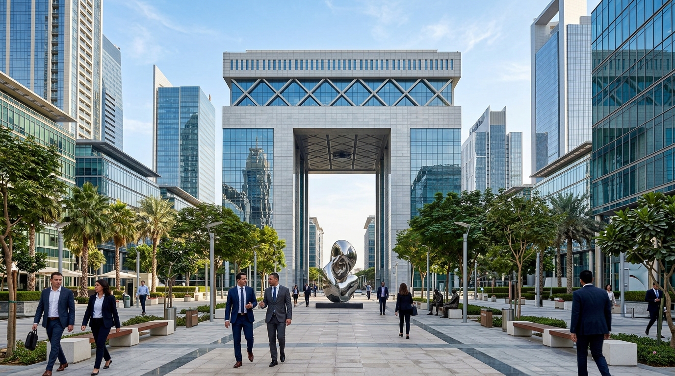 DIFC（ドバイ国際金融センター）のゲートビルディングと周辺オフィスビル群