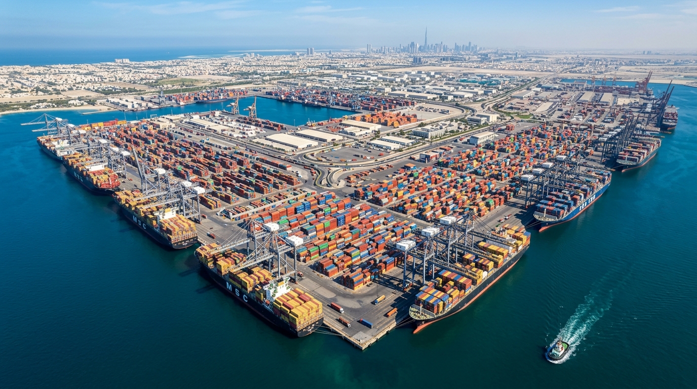 ジェベルアリ港の広大なコンテナターミナルの航空写真