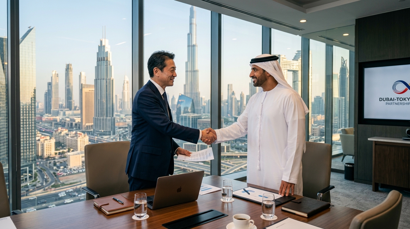 モダンなオフィスで握手する日本人ビジネスマンとアラブ人ビジネスマン、窓の外にドバイのスカイライン